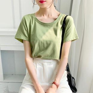 绿色大圆领短袖t恤女夏2024年纯棉，宽松薄款体恤半袖简约上衣