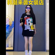 欧洲站夏季大码宽松显瘦个性短袖T恤女装潮时髦ins亮片中长款