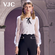 VJC/威杰思春夏女装圆领系带针织拼接网纱长袖短款上衣
