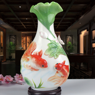 景德镇陶瓷器花瓶摆件法兰瓷浮雕荷花金鱼客厅时尚创意工艺装饰品