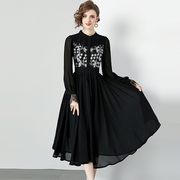 重工刺绣连衣裙女春季优雅气质高级感蕾丝拼接黑色小礼服裙子