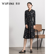 Yifini/易菲秋冬衬衫连衣裙简约高级感设计连身裙翻领中长款