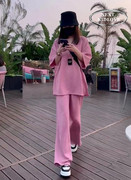 香港欧货粉红色T恤高腰长裤五分袖套装女士休闲运动两件套春夏装