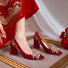 婚鞋新娘鞋秀禾服婚纱两穿粗跟红色尖头高跟鞋女孕妇不累脚