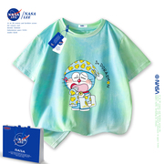 NASA机器猫男童短袖t恤2024女大童夏季纯棉扎染上衣儿童夏装