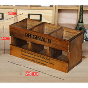 zakka杂货复古做旧木质丝印三格储物遥控器收纳盒