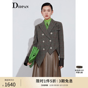 IDPAN女装冬季时尚设计感双排扣不对称下摆羊毛短款西装外套
