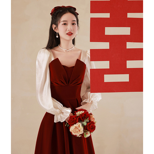 长袖敬酒服新娘法式订婚连衣裙，红色小礼服，平时可穿回门便装高级感
