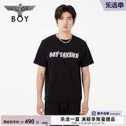 BOYLONDON潮牌短袖男女同款夏季黑色圆领宽松植绒T恤N01738