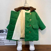 儿童军棉大衣加棉加厚中长款男童，外套东北军绿棉衣，加绒冬季宝宝??