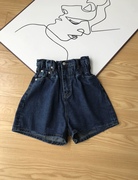 丹麦小众ga22夏季花苞高腰设计阔腿显瘦女a字深蓝牛仔短裤