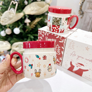 手绘红色圣诞杯子陶瓷马克杯，咖啡杯子礼盒装送人礼物创意卡通盖杯