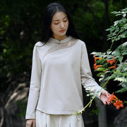 国风馆新中式女装秋季长袖t恤女设计感气质刺绣盘扣复古上衣