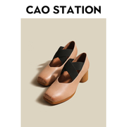 CAO芭蕾舞鞋  真皮复古法式外穿猪鼻子鞋高跟方头绑带单鞋女