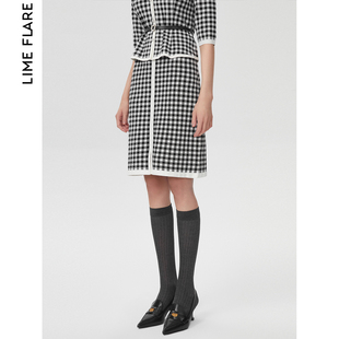 莱茵商场同款针织半身裙，2023春夏黑白格子直筒，短裙气质高腰女
