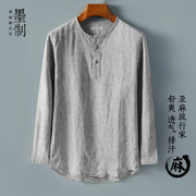 中国风原创立领亚麻衬衫男长袖 宽松麻料衬衣 大码复古棉麻衬衣潮