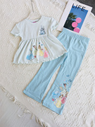 『ai美美』2-7岁女童超美的浅蓝色公主娃娃衫喇叭裤短袖长裤套装