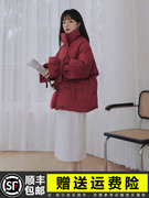 红色羽绒棉服女短款冬季2023小个子加厚立领棉衣设计感面包服