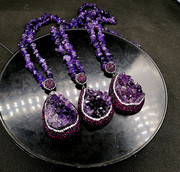 天然紫水晶项链女百搭长款毛衣，链紫晶簇原石吊坠秋冬服装配饰