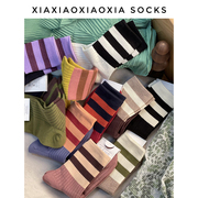 满五双韩国进口女袜秋季棉袜杠条彩色运动袜中筒女士袜