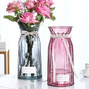 简约大号玻璃花瓶彩色透明水培富贵竹百合，竖条花瓶客厅插花摆件