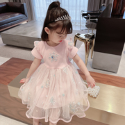 女童爱沙短袖公主裙，2024儿童夏装纱纱裙子，童装宝宝连衣裙六一