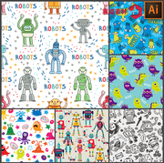 机器人怪物卡通印花图案墙纸地毯抱枕矢量设计素材