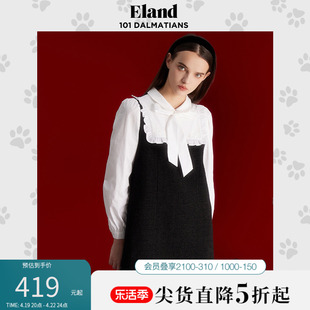 eland衣恋连衣裙拼接假两件中长款修身学院风毛呢裙秋冬款