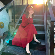 酒红色雪纺连衣裙2024年春季女装韩版收腰气质显瘦中长款裙子