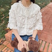 日系少女花朵蕾丝白色衬衫，森女系甜美气质短袖娃娃衫喇叭袖上衣