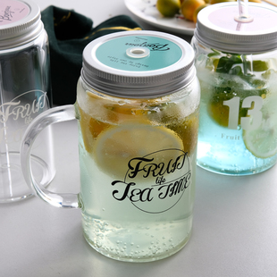加点乐创意梅森杯 大容量早餐饮料杯果汁杯 透明耐热玻璃水杯带盖