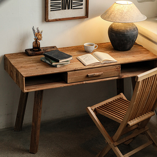 老松木书桌全实木桌子复古做旧感侘寂风台式电脑桌办公桌卧室家用