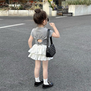 女童个性立领短袖，t恤2023夏季儿童，韩版洋气薄款纯色上衣童装
