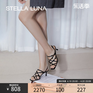 STELLA LUNA女鞋赵奕欢同款春夏露趾方头高跟鞋蝴蝶结细高跟凉鞋