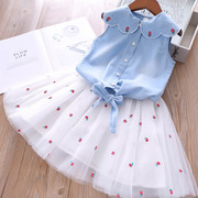 韩版中小童套装牛仔绣花翻领，上衣加公主网纱裙，小女孩夏季潮范服装