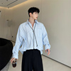 夏季小众不规则蓝色条纹衬衫男长袖设计感韩版网红慵懒风防晒衬衣
