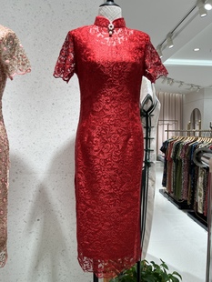 红色旗袍女夏2023年喜婆婆妈妈参加婚宴装礼服蕾丝改良连衣裙