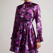 欧美时尚2023年春夏季宽松长袖圆领紫色聚酯纤维连衣裙