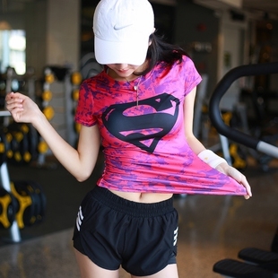 超人健身衣女美国队长，紧身运动短袖，跑步休闲半袖透气高弹上衣外穿