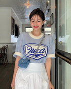 韩国ins博主fever同款aeca宽松蓝色镂空针织衫，短袖上衣t恤女夏季