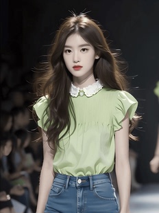 夏装女款2024气质浅绿色娃娃领小飞袖上衣今年流行的漂亮小衫