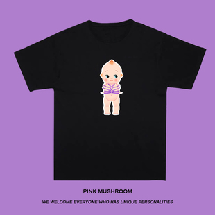 粉红蘑菇自制捆绑娃娃，原宿风复古宽松圆领t恤短袖古着vintage