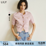 商场同款LILY2024夏女装复古小香风修身短款短袖针织开衫