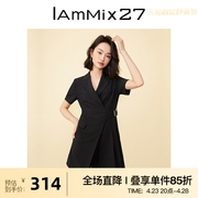 iammix27短袖连衣裙女个性，不对称层次感压褶时尚黑色，西装领a字裙