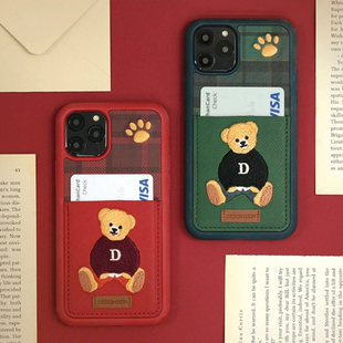 DESIGN SKIN适用新年iphone12promax手机壳插卡皮质苹果11pro放卡12mini泰迪熊可放卡红色皮革可爱女款潮牌