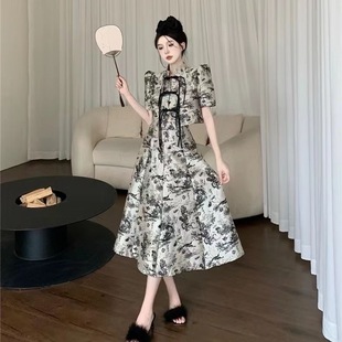 大码夏季新中式国风高级感改良旗袍立领盘扣上衣女，半身裙两件套装