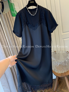 DHR 高级感黑色蕾丝醋酸缎面拼接短袖T恤假两件连衣裙子春夏