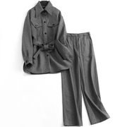 纯色系腰带通勤质感法式风秋冬衬衫式外套阔腿长裤女套装M067