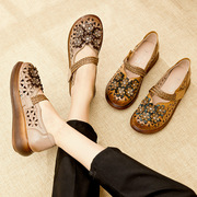 民族风女鞋夏季镂空松糕鞋，厚底复古中老年人，妈妈凉鞋坡跟真皮软底