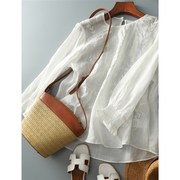 棉麻衬衫女短袖夏季薄款2023新B款设计感小众绣花小衫白色半袖上